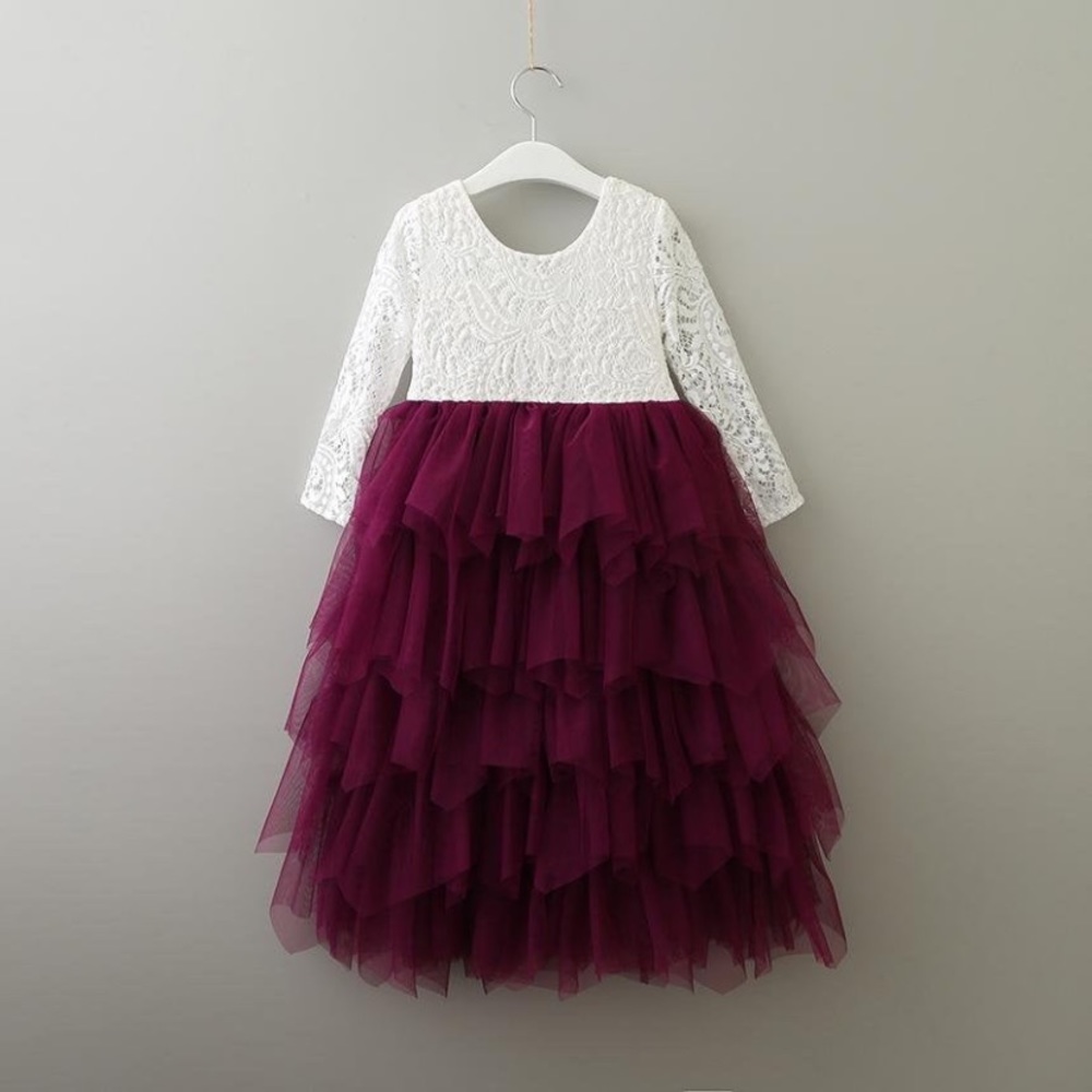 Plum Long-Sleeved Tulle and lace Flower Girl dress